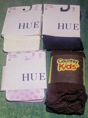 4pc Cute HUE Girls TIGHTS- Cream White/Black Sparkle/Pink Polka Dots++ Sz 4-5-6